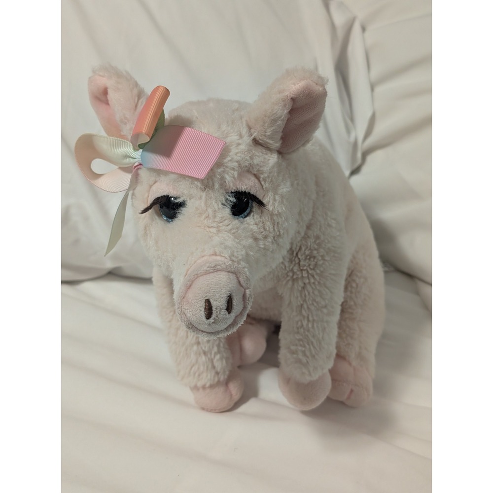 The Petting Zoo Pink Pig Plush Stuffed Animal Pastel Bow Blue Eyes 1994 12"